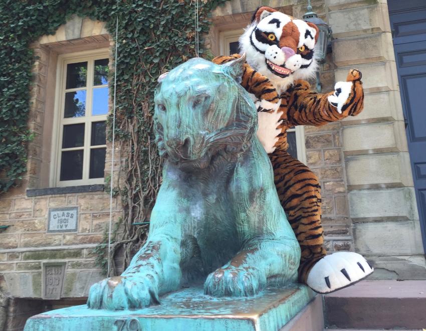 Princeton Mascot posing in front of Green Hall