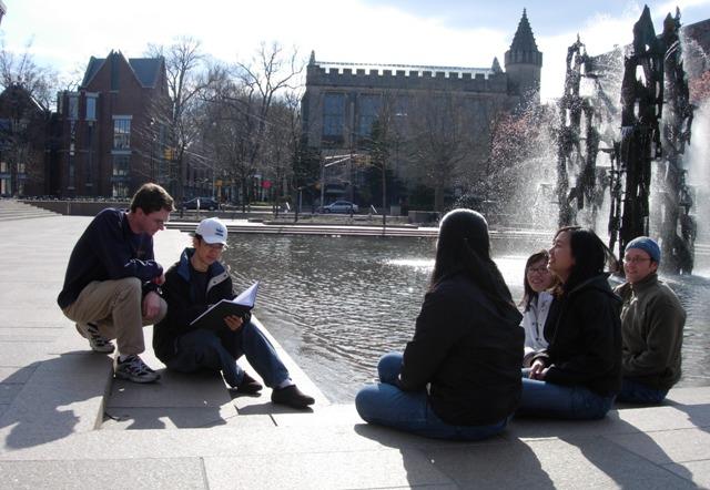 Students at fountain on Scudder Plaza