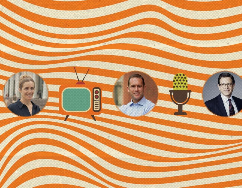 headshots of SPIA faculty members, headphones, a tv, microphone, and cassette tape float over wavy white and orange lines.