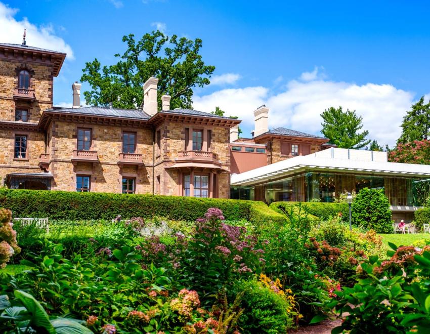 Prospect House and garden on a bright sunny day.