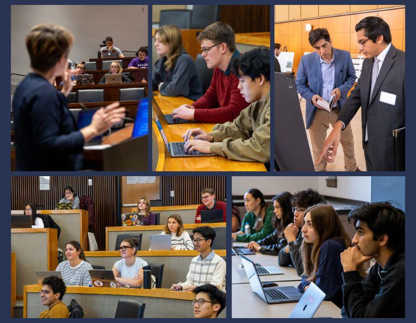 A collage of Politics Undergrads: students engaged in class, professors teaching, and a student interacting with a professor at a poster session.